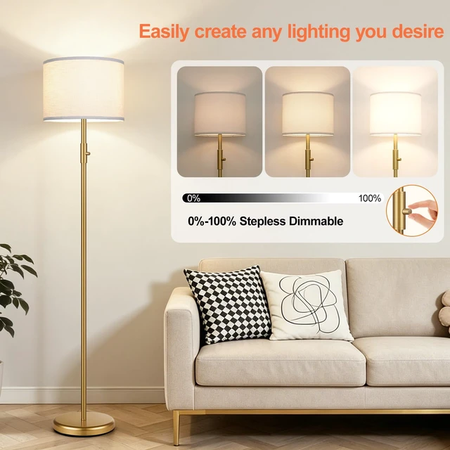 Alt view image 3 of 7 - Yemela Upgraded Dimmable Gold Floor Lamps for Living Room, 9W LED Bulb Included, Modern Standing Lamp with White Lamp Shade, Tall Pole Light for Bedroom Reading Office Corner Nursery
