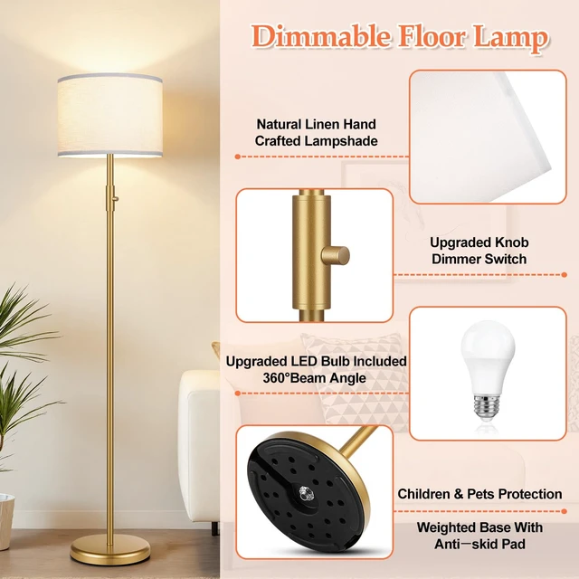 Alt view image 4 of 7 - Yemela Upgraded Dimmable Gold Floor Lamps for Living Room, 9W LED Bulb Included, Modern Standing Lamp with White Lamp Shade, Tall Pole Light for Bedroom Reading Office Corner Nursery