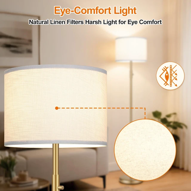 Alt view image 5 of 7 - Yemela Upgraded Dimmable Gold Floor Lamps for Living Room, 9W LED Bulb Included, Modern Standing Lamp with White Lamp Shade, Tall Pole Light for Bedroom Reading Office Corner Nursery