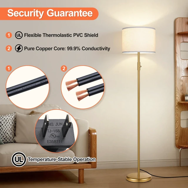 Alt view image 6 of 7 - Yemela Upgraded Dimmable Gold Floor Lamps for Living Room, 9W LED Bulb Included, Modern Standing Lamp with White Lamp Shade, Tall Pole Light for Bedroom Reading Office Corner Nursery