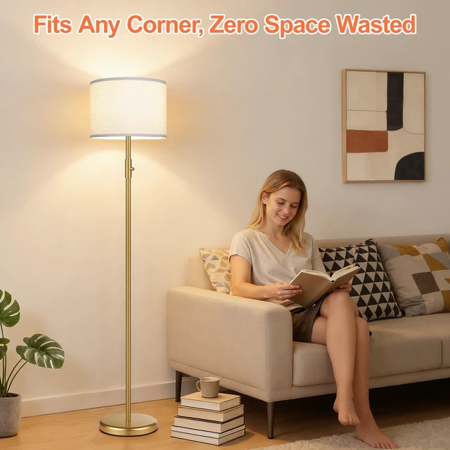 Alt view image 7 of 7 - Yemela Upgraded Dimmable Gold Floor Lamps for Living Room, 9W LED Bulb Included, Modern Standing Lamp with White Lamp Shade, Tall Pole Light for Bedroom Reading Office Corner Nursery
