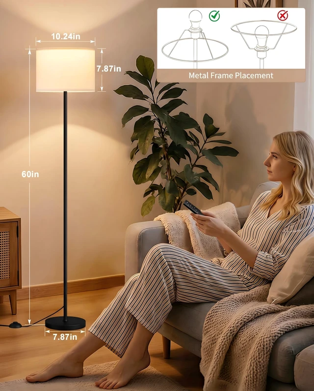 Alt view image 2 of 7 - Ambimall Dimmable Floor Lamp with Remote & 9W 900LM LED Bulb | Stepless 10-100% Dimming & 3000K-6000K, Memory functions,White Shade Black Pole, Tall Floor Lamp for Your Cozy Corner