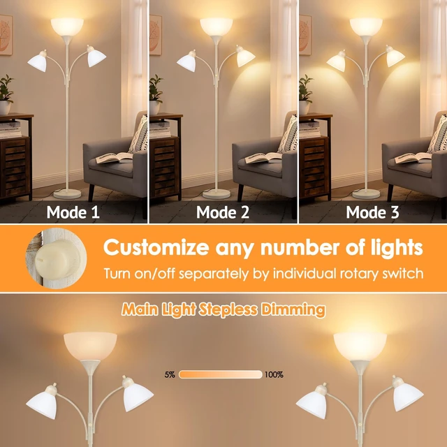 Alt view image 2 of 7 - Coucrek Torchiere Floor Lamps for Living Room, 72" Dimmable Reading Lamp | 2 Adjustable Reading Lights for Bedroom, White Tall Standing Room Lamp,3 Bulbs Included