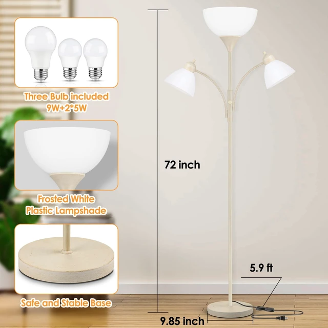 Alt view image 5 of 7 - Coucrek Torchiere Floor Lamps for Living Room, 72" Dimmable Reading Lamp | 2 Adjustable Reading Lights for Bedroom, White Tall Standing Room Lamp,3 Bulbs Included