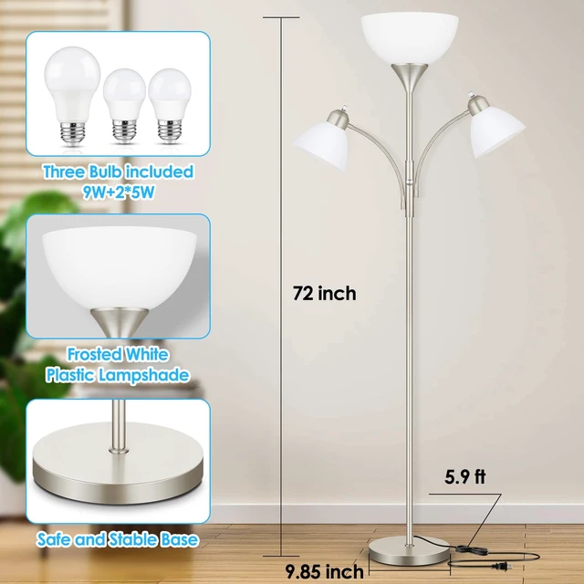 Alt view image 5 of 7 - Coucrek Torchiere Floor Lamps for Living Room,72" Dimmable Reading Lamp | 3 Bulbs Included, Flexible Arm Reading Lights for Bedroom, Tall Standing Room Lamp
