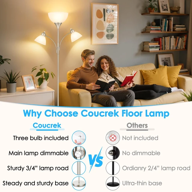 Alt view image 4 of 7 - Coucrek Torchiere Floor Lamps for Living Room,72" Dimmable Reading Lamp | 3 Bulbs Included, Flexible Arm Reading Lights for Bedroom, Tall Standing Room Lamp