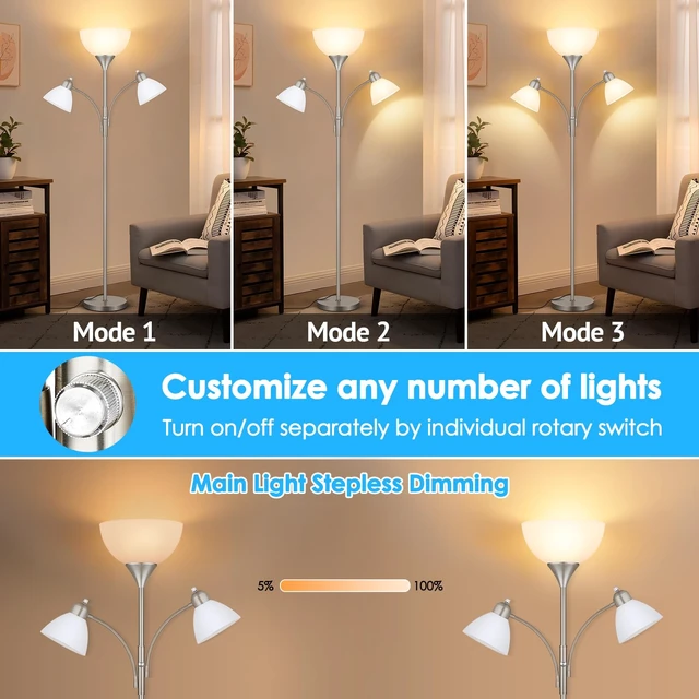 Alt view image 2 of 7 - Coucrek Torchiere Floor Lamps for Living Room,72" Dimmable Reading Lamp | 3 Bulbs Included, Flexible Arm Reading Lights for Bedroom, Tall Standing Room Lamp