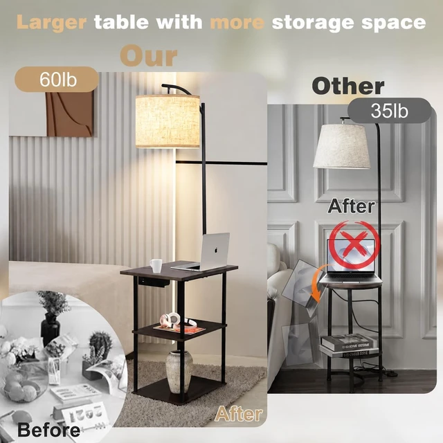 Alt view image 6 of 6 - PESRAE Floor Lamp with Table & Remote, End Table with Charging Station | USB, Type-C & AC Outlet; 4 Color Temperatures 9W LED Bulb, 5%-100% Dimming, Memory, 3 Shelves for Living Room, Bedroom