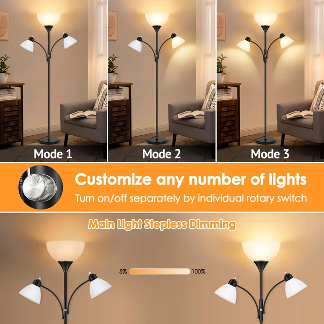 Alt view image 2 of 7 - Coucrek Torchiere Floor Lamps for Living Room, 72" Dimmable Reading Lamp | 2 Adjustable Reading Lights for Bedroom, Black Tall Standing Room Lamp,3 Bulbs Included
