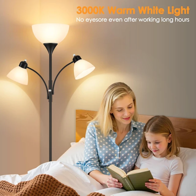 Alt view image 3 of 7 - Coucrek Torchiere Floor Lamps for Living Room, 72" Dimmable Reading Lamp | 2 Adjustable Reading Lights for Bedroom, Black Tall Standing Room Lamp,3 Bulbs Included