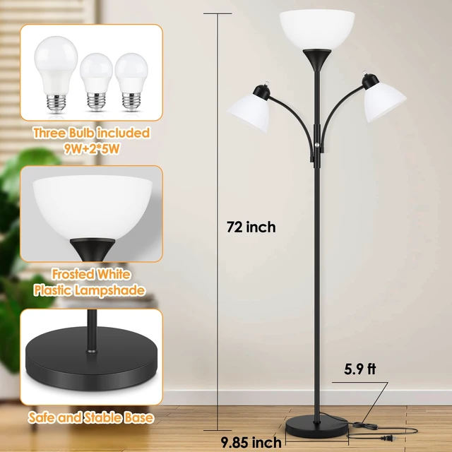 Alt view image 5 of 7 - Coucrek Torchiere Floor Lamps for Living Room, 72" Dimmable Reading Lamp | 2 Adjustable Reading Lights for Bedroom, Black Tall Standing Room Lamp,3 Bulbs Included