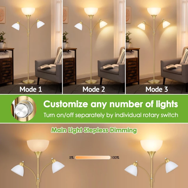 Alt view image 2 of 7 - Coucrek Torchiere Floor Lamps for Living Room, 72" Dimmable Reading Lamp | 3 Bulbs Included, Flexible Arm Reading Lights for Bedroom, Tall Standing Room Lamp
