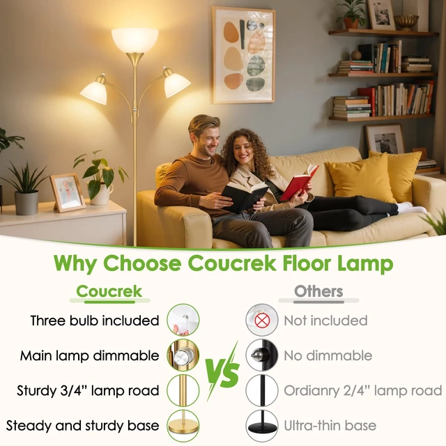 Alt view image 4 of 7 - Coucrek Torchiere Floor Lamps for Living Room, 72" Dimmable Reading Lamp | 3 Bulbs Included, Flexible Arm Reading Lights for Bedroom, Tall Standing Room Lamp