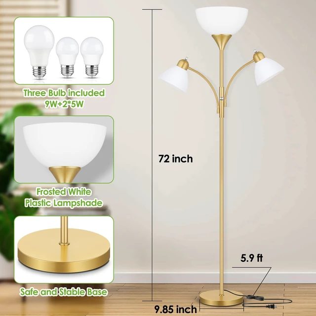 Alt view image 5 of 7 - Coucrek Torchiere Floor Lamps for Living Room, 72" Dimmable Reading Lamp | 3 Bulbs Included, Flexible Arm Reading Lights for Bedroom, Tall Standing Room Lamp