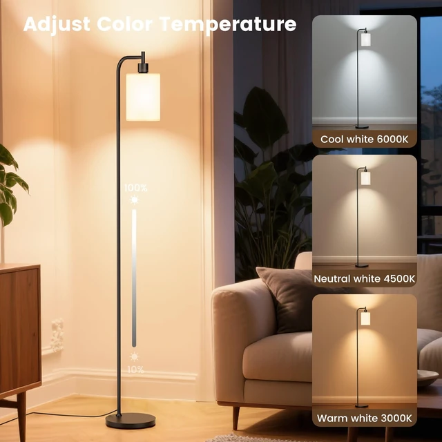 Alt view image 3 of 7 - SIBRILLE Floor Lamp with Linen Shade, Dimmable Tall Standing Lamp with Remote Control & 3 Color Temperatures, Modern Floor Lamps for Living Room Bedroom Office Corner, 9W LED Bulb Included