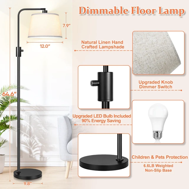 Alt view image 5 of 7 - Nintiue Upgraded Dimmable Floor Lamp, 1000 Lumens LED Bulb Included, Arc Floor Lamps for Living Room Modern Standing Lamp with Linen Shade, Tall Lamp for Bedroom Office Reading Dining Room- Black