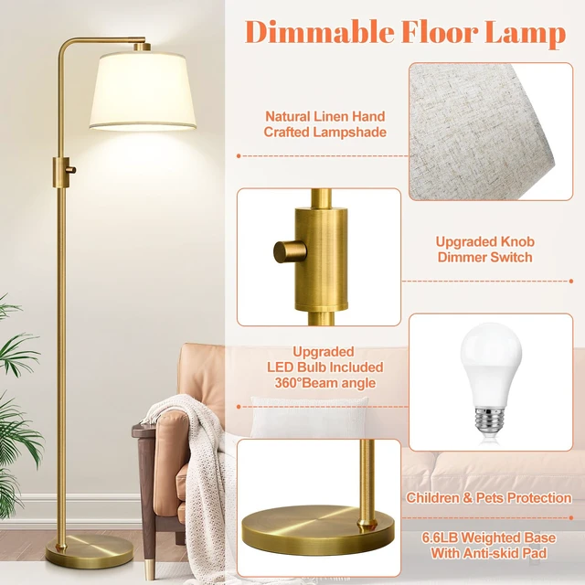 Alt view image 5 of 7 - Nintiue Dimmable Floor Lamp, 1000 LM LED Edison Bulb Included, Arc Floor Lamps for Living Room Modern Standing Lamp Tall Lamps for Living Room Bedroom-Brass