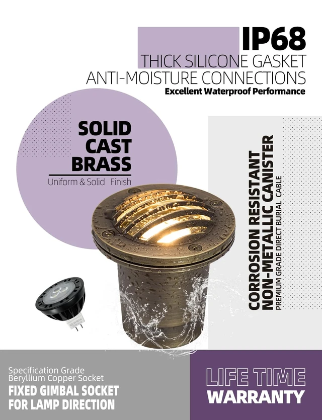 Alt view image 5 of 7 - MALORY Low Voltage Landscape Well Lights, (99 mm) Brass Housing 1Pack | 12V Outdoor In Ground Lights,Waterproof Uplight, With PVC Sleeve,7W MR16 Bulb,for Landscaping,Pathway, Driveway,Garden
