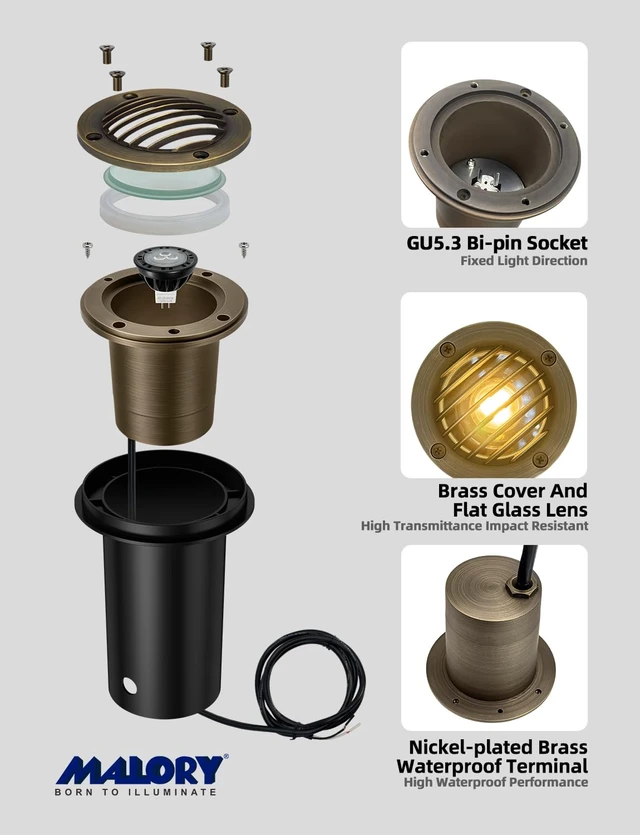 Alt view image 7 of 7 - MALORY Low Voltage Landscape Well Lights, (99 mm) Brass Housing 1Pack | 12V Outdoor In Ground Lights,Waterproof Uplight, With PVC Sleeve,7W MR16 Bulb,for Landscaping,Pathway, Driveway,Garden