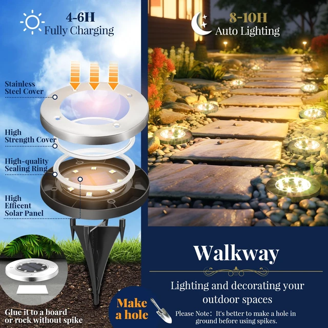 Alt view image 3 of 6 - SOLPEX Solar Ground Lights Outdoor, Garden Lights 12 Pack Warm White | IP65 Waterproof Stainless Steel Landscape Lighting for Walkway, Driveway, Pathway, Patio, Backyard Decor