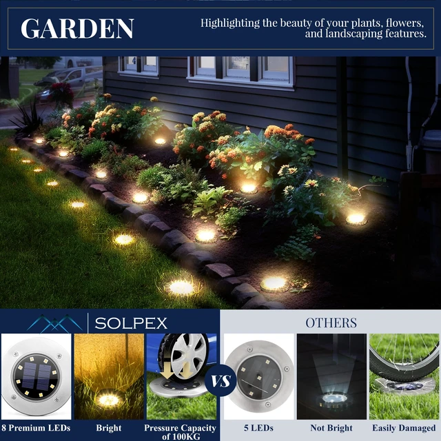 Alt view image 4 of 6 - SOLPEX Solar Ground Lights Outdoor, Garden Lights 12 Pack Warm White | IP65 Waterproof Stainless Steel Landscape Lighting for Walkway, Driveway, Pathway, Patio, Backyard Decor