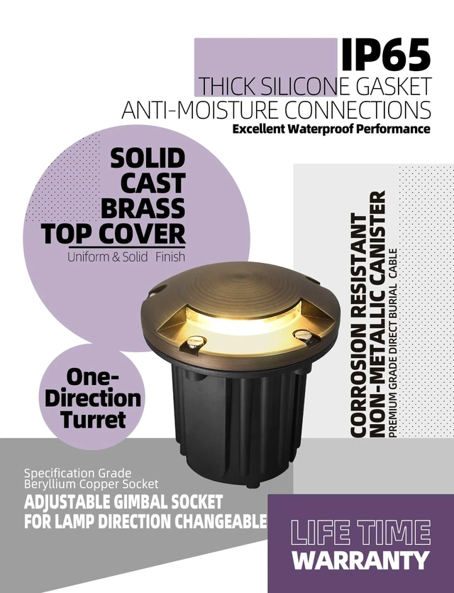 Alt view image 5 of 6 - MALORY Low Voltage Landscape Well Lights,126 mm Brass Top Cover 1Pack | 12V Outdoor In Ground Lights,Waterproof, One-Direction Turret Top, 7W MR16 Bulb ,for Landscaping,Pathway, Driveway,Garden