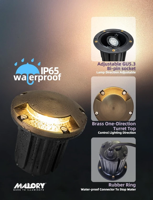 Alt view image 4 of 6 - MALORY Low Voltage Landscape Well Lights,126 mm Brass Top Cover 1Pack | 12V Outdoor In Ground Lights,Waterproof, One-Direction Turret Top, 7W MR16 Bulb ,for Landscaping,Pathway, Driveway,Garden