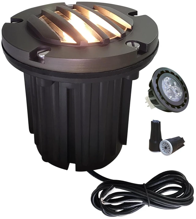 Main image of MALORY Low Voltage Landscape Well Lights, (126 mm) Brass Top Cover | 12V Outdoor In Ground Lights,Waterproof Uplight,Grated Top, 5W MR16 Bulb ,for Landscaping,Pathway, Driveway, Deck,Garden