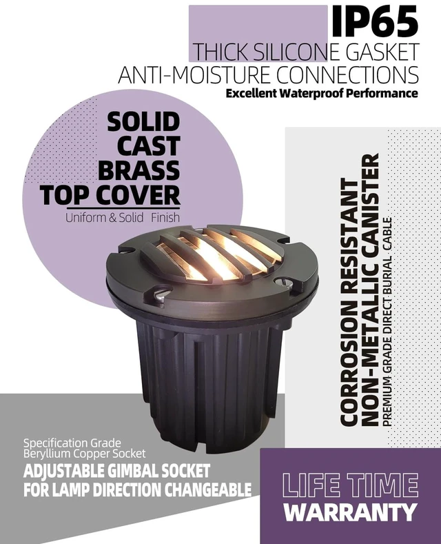 Alt view image 4 of 7 - MALORY Low Voltage Landscape Well Lights, (126 mm) Brass Top Cover | 12V Outdoor In Ground Lights,Waterproof Uplight,Grated Top, 5W MR16 Bulb ,for Landscaping,Pathway, Driveway, Deck,Garden