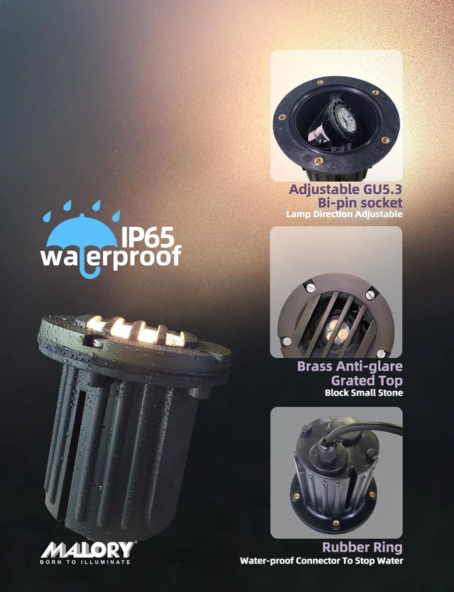 Alt view image 6 of 7 - MALORY Low Voltage Landscape Well Lights, (126 mm) Brass Top Cover | 12V Outdoor In Ground Lights,Waterproof Uplight,Grated Top, 5W MR16 Bulb ,for Landscaping,Pathway, Driveway, Deck,Garden