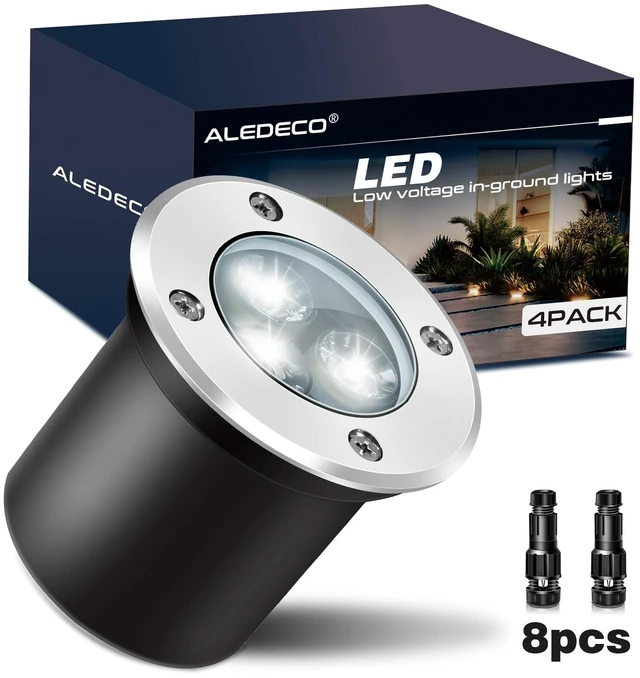 Main image of ALEDECO 4Pack 3W Low Voltage Landscape Lights with Connectors 12-24V LED In-Ground Lights IP67 Waterproof Garden Lighting 6500K Outdoor Well Light for Yard Pathway Driveway Deck (Cool White)