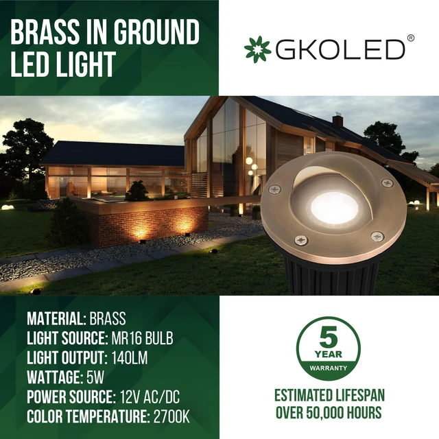 Alt view image 2 of 7 - GKOLED LED Brass Well Lights, 12V In Ground Light Outdoor, IP67 Waterproof Low Voltage Landscape Lighting with MR16 Bulb and Swivel Base, 5W 140LM 2700K, Up Light for Garden Trees Bushes, Beacon Top