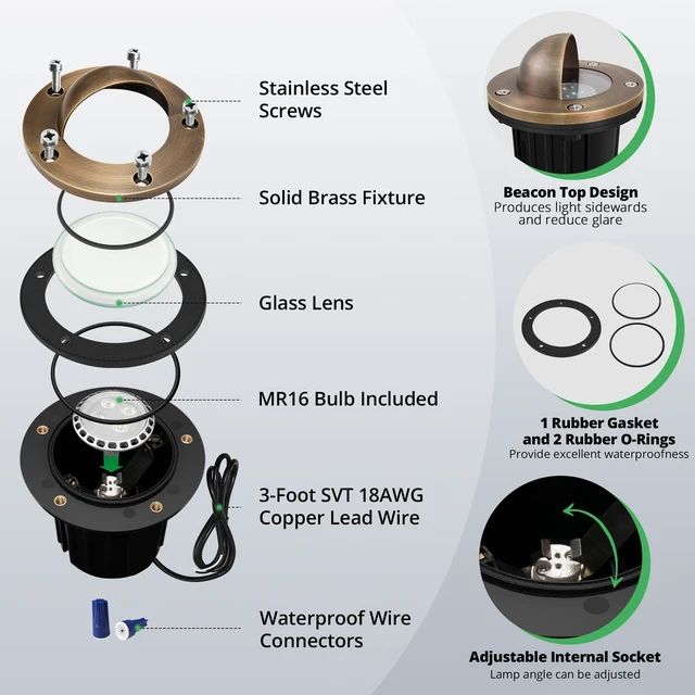 Alt view image 4 of 7 - GKOLED LED Brass Well Lights, 12V In Ground Light Outdoor, IP67 Waterproof Low Voltage Landscape Lighting with MR16 Bulb and Swivel Base, 5W 140LM 2700K, Up Light for Garden Trees Bushes, Beacon Top