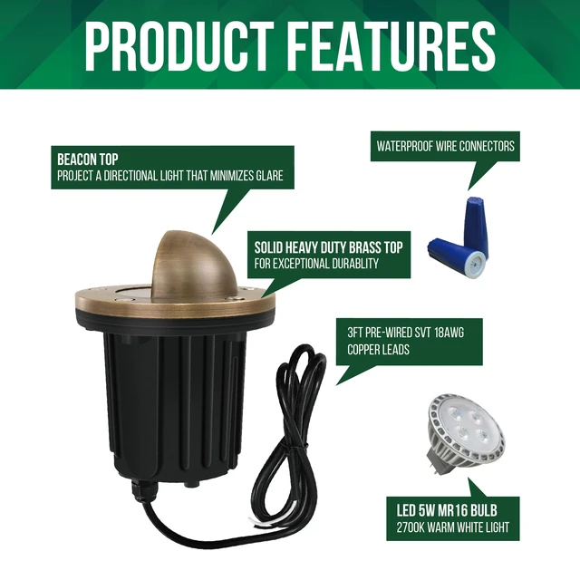 Alt view image 3 of 7 - GKOLED LED Brass Well Lights, 12V In Ground Light Outdoor, IP67 Waterproof Low Voltage Landscape Lighting with MR16 Bulb and Swivel Base, 5W 140LM 2700K, Up Light for Garden Trees Bushes, Beacon Top