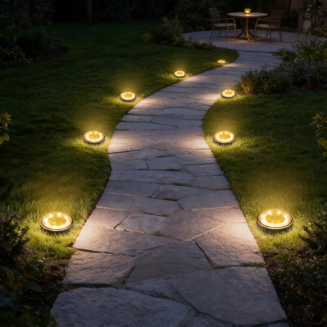 Alt view image 7 of 7 - Joomer 16 Pack 3.4inch Solar Ground Lights Outdoor Waterproof, Warm White | 8LED Solar Powered Garden Lights Disc Landscape Pathway Lights for Patio Lawn Yard Driveway Walkway