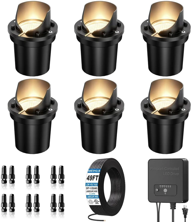 Main image of MEIHUA Low Voltage Landscape Lighting LED Well Lights, 12W In-Ground Lights | IP67 Waterproof Outdoor Landscape Lights with Transformer 49FT Wire and Connectors, 2700K for Pathway Garden Yard, 6 Pack
