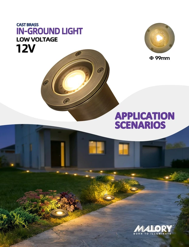 Alt view image 4 of 7 - MALORY Low Voltage Landscape Well Lights, (99 mm) Brass Housing 1Pack | 12V Outdoor In Ground Lights,Waterproof Uplight, With PVC Sleeve, 7W MR16 Bulb ,for Landscaping,Pathway, Driveway,Garden