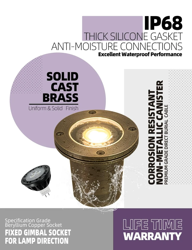 Alt view image 5 of 7 - MALORY Low Voltage Landscape Well Lights, (99 mm) Brass Housing 1Pack | 12V Outdoor In Ground Lights,Waterproof Uplight, With PVC Sleeve, 7W MR16 Bulb ,for Landscaping,Pathway, Driveway,Garden