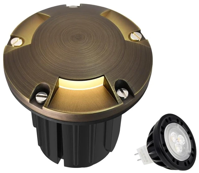 Main image of MALORY Low Voltage Landscape Well Lights,126 mm Brass Top Cover 1Pack | 12V Outdoor In Ground Lights,Waterproof,Three-Direction Turret Top,7W MR16 Bulb,for Landscaping,Pathway, Driveway,Garden