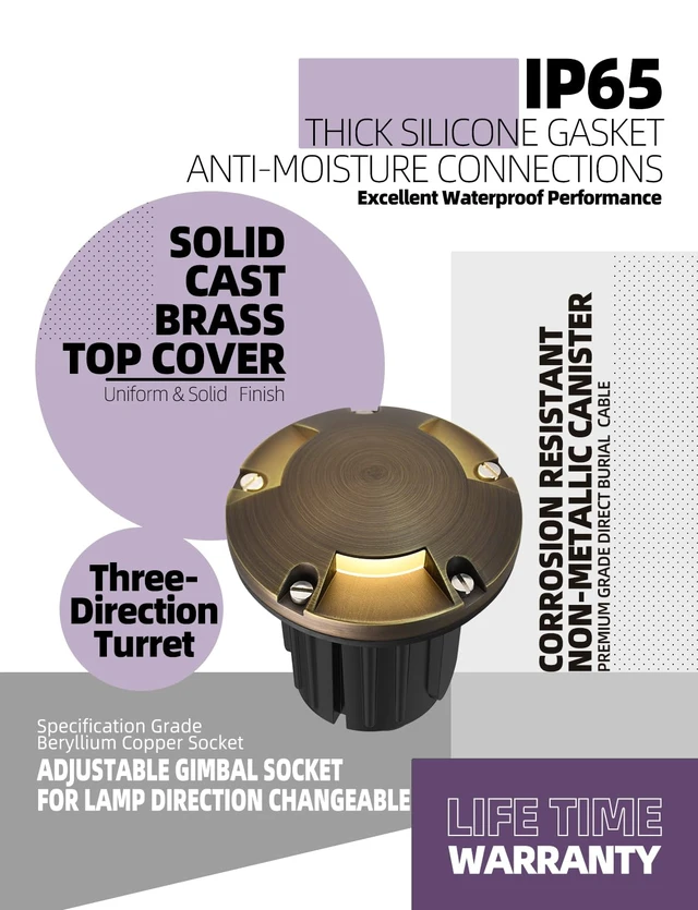 Alt view image 3 of 7 - MALORY Low Voltage Landscape Well Lights,126 mm Brass Top Cover 1Pack | 12V Outdoor In Ground Lights,Waterproof,Three-Direction Turret Top,7W MR16 Bulb,for Landscaping,Pathway, Driveway,Garden