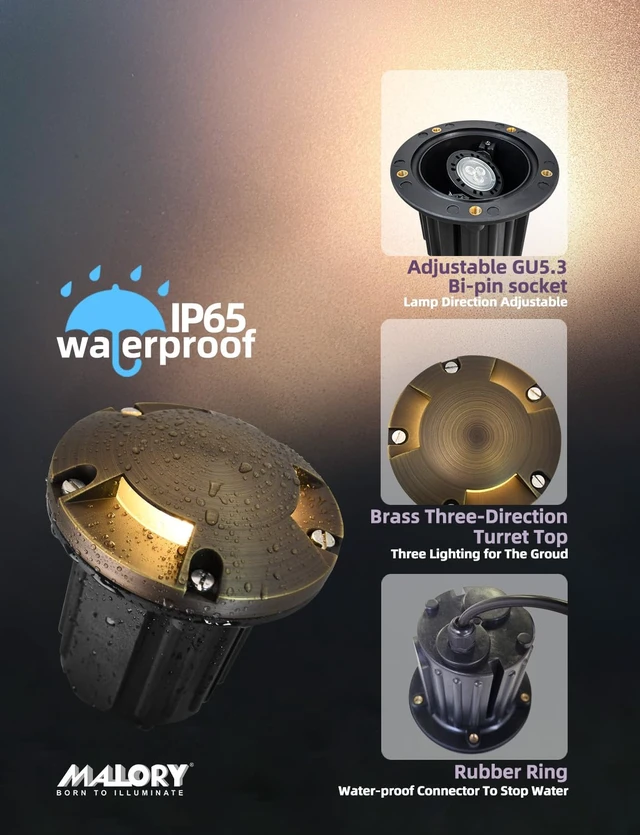 Alt view image 6 of 7 - MALORY Low Voltage Landscape Well Lights,126 mm Brass Top Cover 1Pack | 12V Outdoor In Ground Lights,Waterproof,Three-Direction Turret Top,7W MR16 Bulb,for Landscaping,Pathway, Driveway,Garden