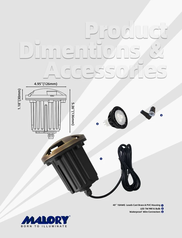 Alt view image 7 of 7 - MALORY Low Voltage Landscape Well Lights,126 mm Brass Top Cover 1Pack | 12V Outdoor In Ground Lights,Waterproof,Three-Direction Turret Top,7W MR16 Bulb,for Landscaping,Pathway, Driveway,Garden
