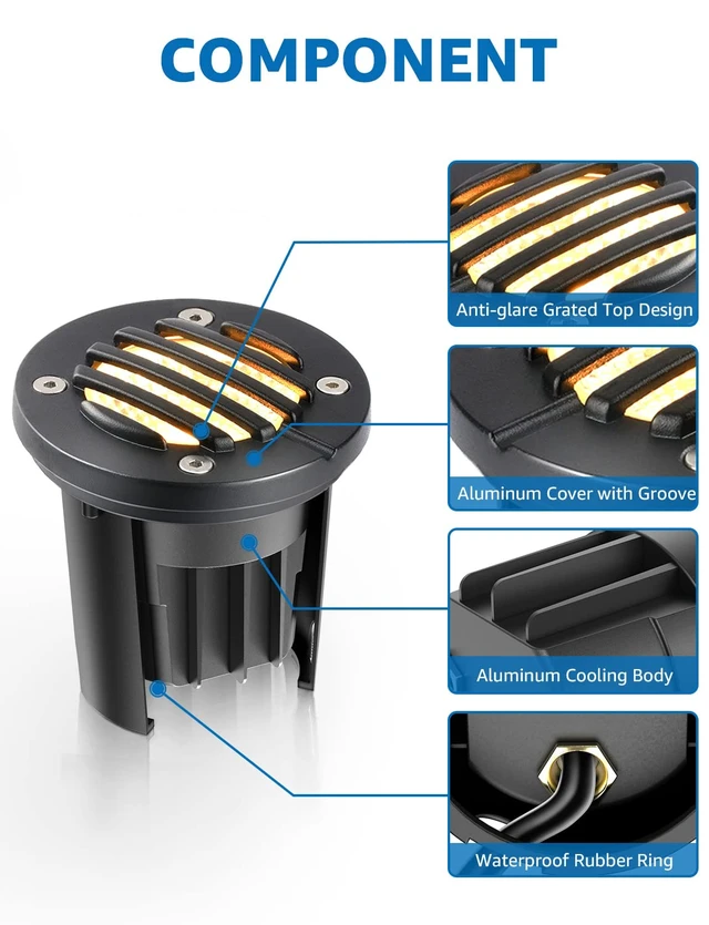 Alt view image 4 of 7 - SUNVIE 6-Pack 12W 3000K LED Low Voltage Landscape Well Lights, Grated Top | 12-24V AC/DC, Waterproof, Anti-Glare, Die-Cast Aluminum In-Ground Lights for Pathway Garden Yard, Connectors Included