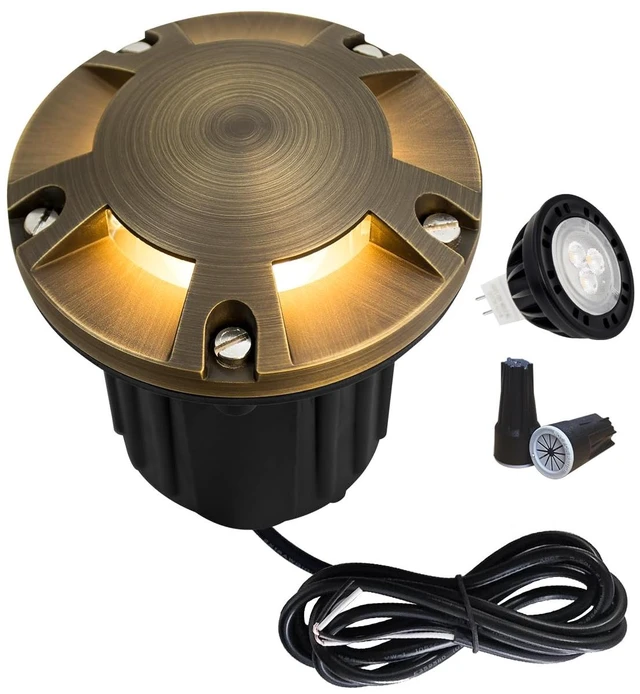 Main image of MALORY Low Voltage Landscape Well Lights,126 mm Brass Top Cover 1Pack | 12V Outdoor In Ground Lights,Waterproof,Five-Direction Turret Top,7W MR16 Bulb,for Landscaping,Pathway, Driveway,Garden