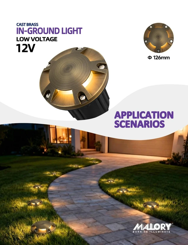 Alt view image 2 of 7 - MALORY Low Voltage Landscape Well Lights,126 mm Brass Top Cover 1Pack | 12V Outdoor In Ground Lights,Waterproof,Five-Direction Turret Top,7W MR16 Bulb,for Landscaping,Pathway, Driveway,Garden