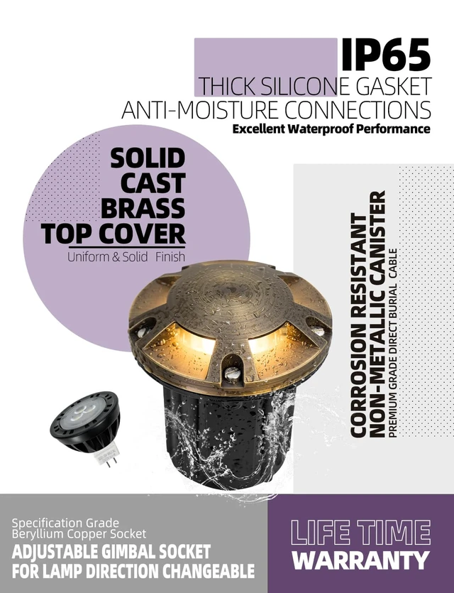 Alt view image 3 of 7 - MALORY Low Voltage Landscape Well Lights,126 mm Brass Top Cover 1Pack | 12V Outdoor In Ground Lights,Waterproof,Five-Direction Turret Top,7W MR16 Bulb,for Landscaping,Pathway, Driveway,Garden