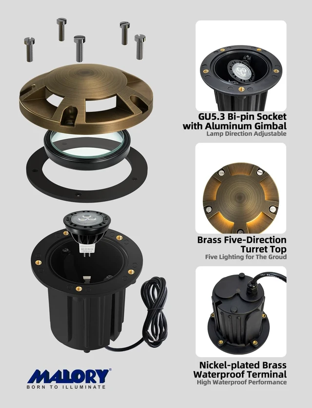 Alt view image 5 of 7 - MALORY Low Voltage Landscape Well Lights,126 mm Brass Top Cover 1Pack | 12V Outdoor In Ground Lights,Waterproof,Five-Direction Turret Top,7W MR16 Bulb,for Landscaping,Pathway, Driveway,Garden