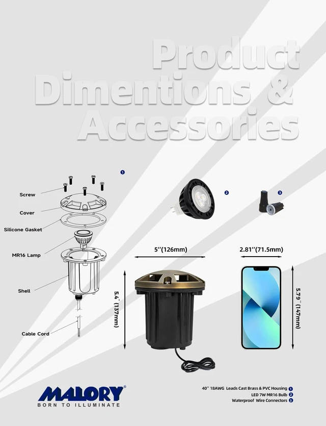 Alt view image 6 of 7 - MALORY Low Voltage Landscape Well Lights,126 mm Brass Top Cover 1Pack | 12V Outdoor In Ground Lights,Waterproof,Five-Direction Turret Top,7W MR16 Bulb,for Landscaping,Pathway, Driveway,Garden