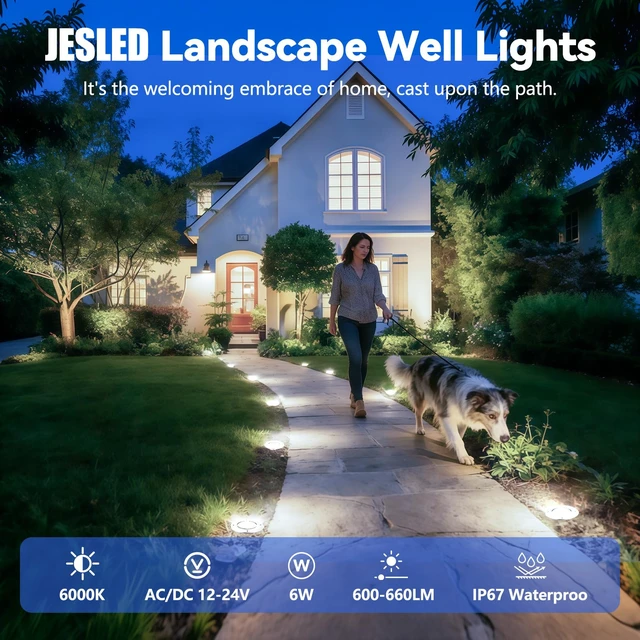 Alt view image 2 of 7 - JESLED 8 Pack Low Voltage Landscape Lights, 6000K LED Well Lights | 6W In-Ground Lights, IP67 Waterproof, 90° Wide Beam, 5-Ton Load Resistant for Driveway Yard Patio Deck Garden