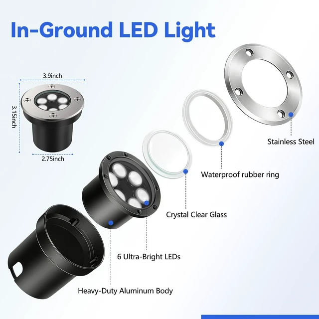 Alt view image 5 of 7 - JESLED 8 Pack Low Voltage Landscape Lights, 6000K LED Well Lights | 6W In-Ground Lights, IP67 Waterproof, 90° Wide Beam, 5-Ton Load Resistant for Driveway Yard Patio Deck Garden